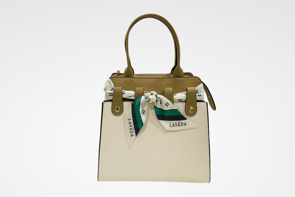 Lavāda Interchangeable Vegan Leather Handbag in Tan Desert Tan with Off White