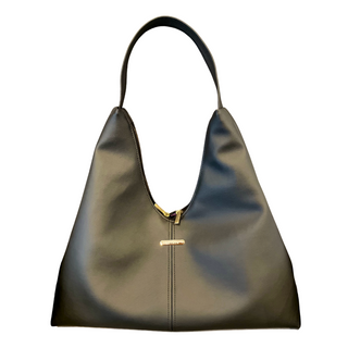 Black, cactus vegan leather triangle shaped hobo tote bag by Lavada, purple interior