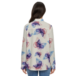 Rear view of butterfly blouse with purple, teal, red. Cream colored base. Women's long sleeve button down shirt by Lavada