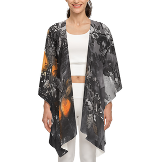 Women's recycled kimono cover up in gray, orange, and white. Ink wash design