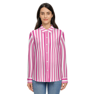 Pink Striped Women's Sustainable Long Sleeve Button-Down Shirt