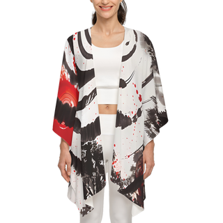 The 'Fireworks' women's kimono by Lavada featuring fiery red, white and black colors in a circular pattern. Recycled material