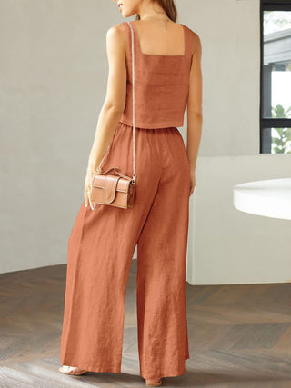 100% Cotton Square Neck Top and Wide Leg Pants Set