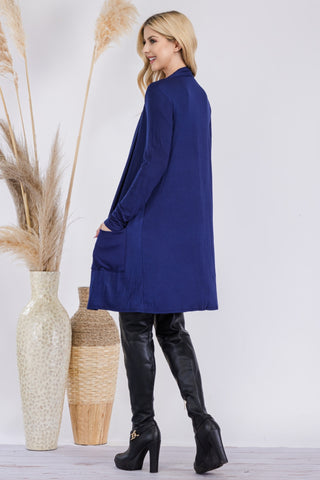 Rear view of navy blue rayon cardigan, with pockets