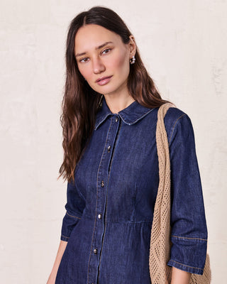 Waisted Lightweight Denim Dress-Dark Blue-1
