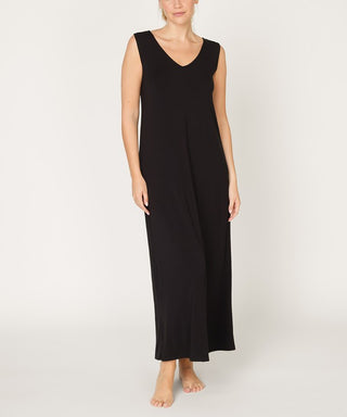 made in USA sustainable black bamboo maxi dress, reversible with v neck front