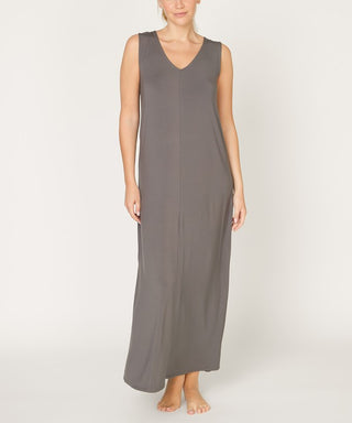 made in USA sustainable grey gray bamboo maxi dress, reversible with v neck front