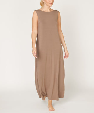 made in USA sustainable mocha bamboo maxi dress, reversible shown with round neck front