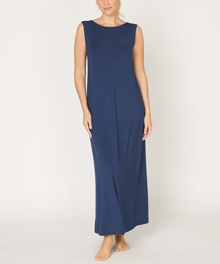 made in USA sustainable navy blue bamboo maxi dress, reversible shown with round neck front