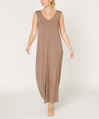 made in USA sustainable mocha bamboo maxi dress, reversible with v neck front