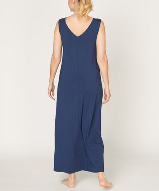 made in USA sustainable navy blue bamboo maxi dress, reversible with v neck in back