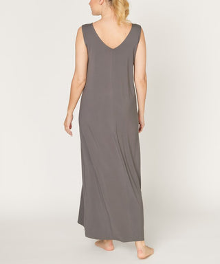 made in USA sustainable grey gray bamboo maxi dress, reversible with v neck in back