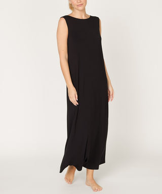 made in USA sustainable black bamboo maxi dress, reversible shown with round neck front