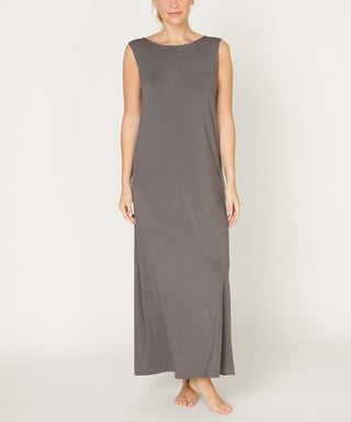 made in USA sustainable grey bamboo maxi dress, reversible shown with round neck front