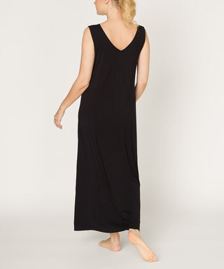 made in USA sustainable black bamboo maxi dress, reversible shown with v neck in back