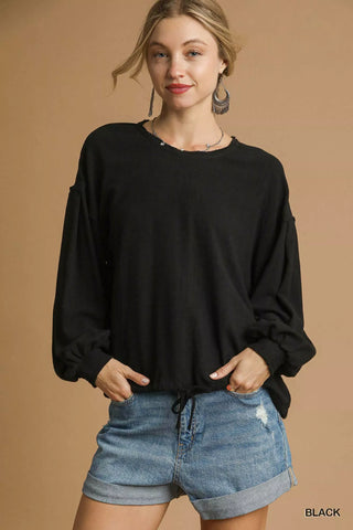 long sleeve black linen top with drawstring