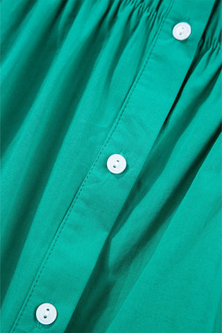 Dark green ruffle shirt dress with collar, 100% cotton, closeup with buttons