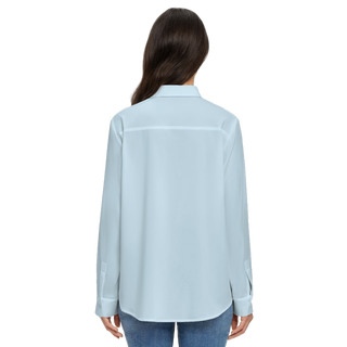 Rear view of pale blue women's button down shirt by Lavada