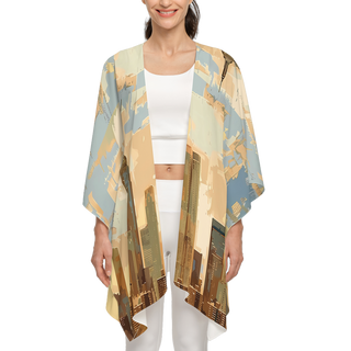 'Big City' graphic women's kimono cover up by Lavada. Made from recycled materials. Beautiful muted blues, tans and olive greens