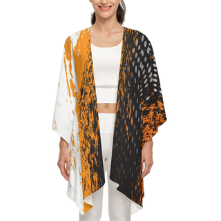 Orange and  black abstract design women's kimono by Lavada. Made from recycled materials