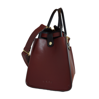 Side view of Lavada interchangeable 4 in 1 handbag, shown in black and burgundy