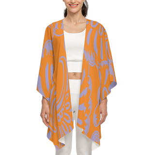 women's kimono in tangerine and lavender by Lavada, long flowy front, wide sleeves, can be used as a cover up