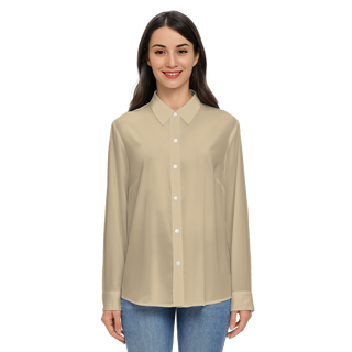 Khaki colored women's long sleeve button down shirt. Recycled material.