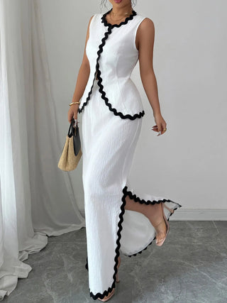 white with black trim 100% cotton top and skirt set