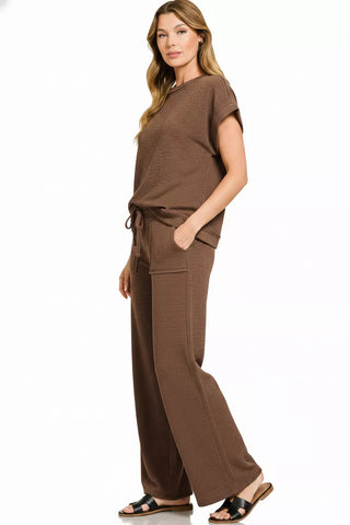 Zenana Cotton Slub Short Sleeve Tee and Pants Set-1