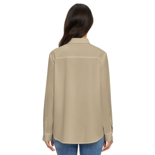 Rear view of khaki colored women's long sleeve button down shirt. Recycled material. Made by Lavada