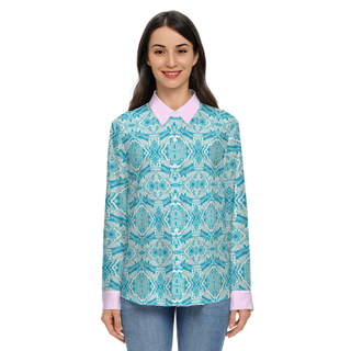 Turquoise Blue with Pink Accents Women's Sustainable Long Sleeve Button-Down Shirt