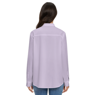 Rear view of soft lilac women's long sleeve button down shirt by Lavada. Eco friendly. Recycled.