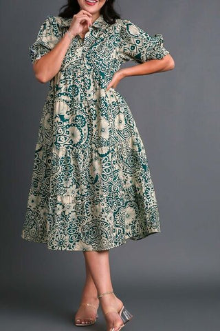 Closeup view of 100% cotton smocked midi dress with collar, green and cream pattern
