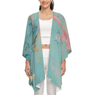 women's kimono by Lavada featuring a teal and salmon skyline with a gold cityscape on the back, asymmetrical