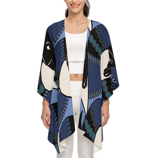 Blue, light tan, and black women's kimono by Lavada. Features horse elements that construct the Trojan Horse theme
