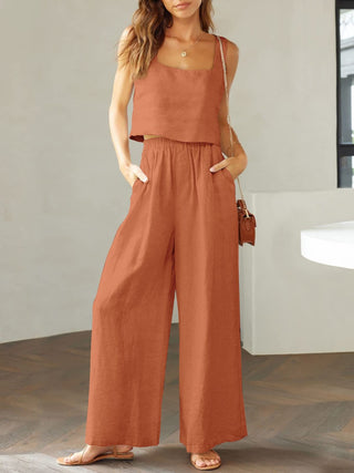 100% Cotton Square Neck Top and Wide Leg Pants Set