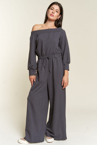 100% cotton terry jumpsuit with wide legs and elegant elastic waistband, dark gray