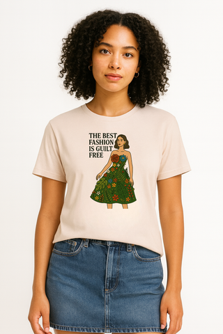 Person wearing a soft pink t-shirt with a graphic and text, The Best Fashion is Guilt Free