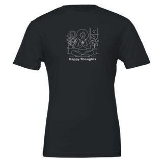 Black tshirt with line art depicting woman in seated yoga pose and the words Happy Thoughts underneath, 100% cotton, eco friendly tshirt