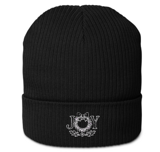 Black organic cotton beanie with 'JOY' embroidery on a white background