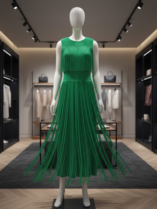 Emerald green fringe dress shown on mannequin inside department store