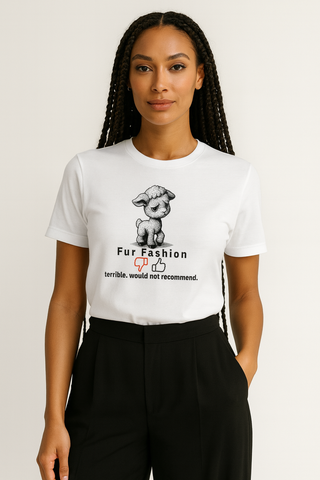 Woman wearing a white t-shirt with a funny graphic that features a little lamb giving fur fashion a thumbs down 