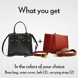 4-in-1 interchangeable vegan leather bag bundle, comes with base handbag, outer cover, two straps, two belts. Shown in black bundle.