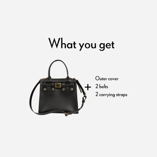 4-in-1 interchangeable vegan leather bag bundle, comes with base handbag, outer cover, two straps, two belts. Shown in black bundle.