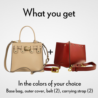 Interchangeable cactus vegan leather handbag bundle in tan base. Includes base bag, outer cover, 2 carrying straps, and 2 belts.