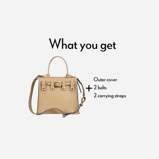 Tan, interchangeable cactus vegan leather handbag bundle in tan base. Includes base bag, outer cover, 2 carrying straps, and 2 belts.