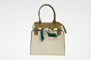 Lavada Signature Vegan Leather Hybrid Bag in Tan with Off White Cover and decorative silk scarf