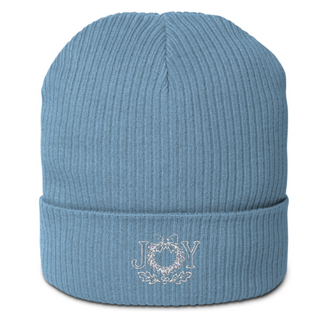 Light blue organic cotton ribbed beanie with 'JOY' embroidery on a white background