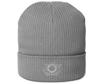 Light gray organic cotton beanie with 'JOY' embroidery on a white background