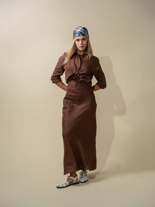 Linen A-Line Slip Dress-Brown-0